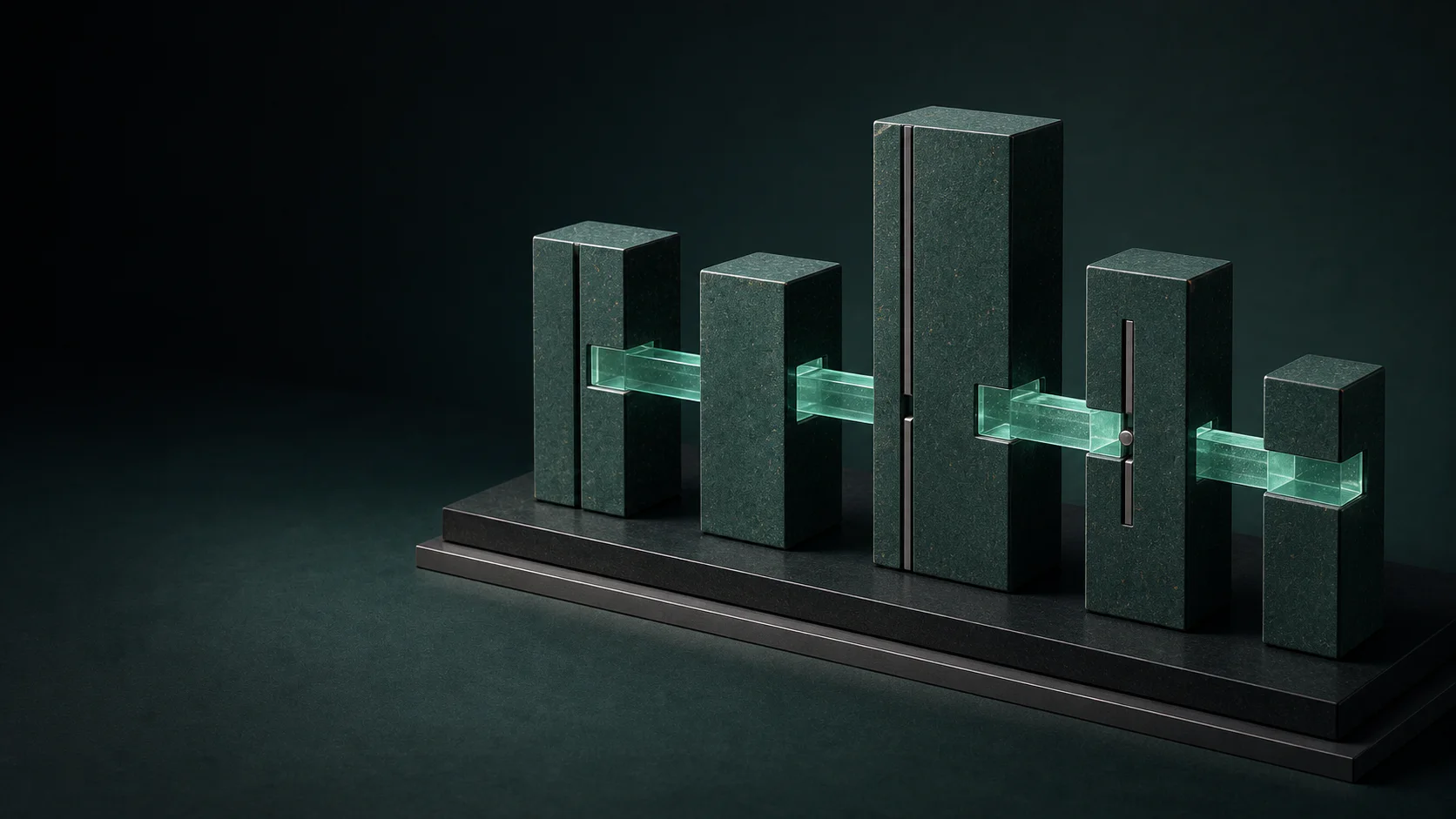 Five teal architectural modules connected by one translucent mint system